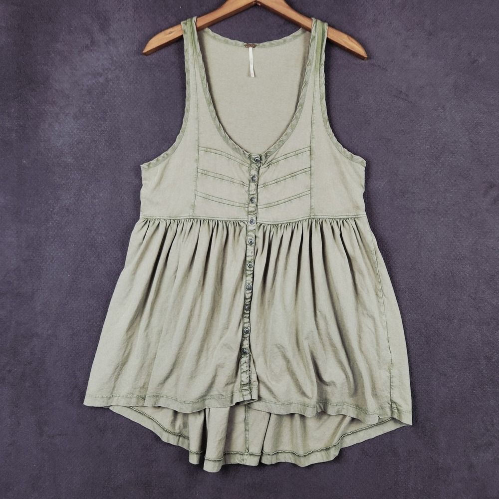 Free People Brooke Tunic Dress Women XS Sage Green Button Front Babydoll Pintuck